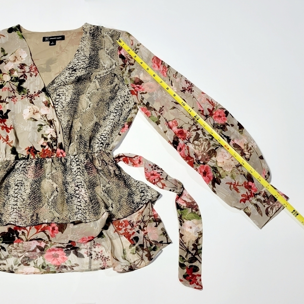 INC Floral & Snakeskin Sheer Faux Wrap Hi Lo Peplum Blouse Women's (S) - Picture 11 of 11